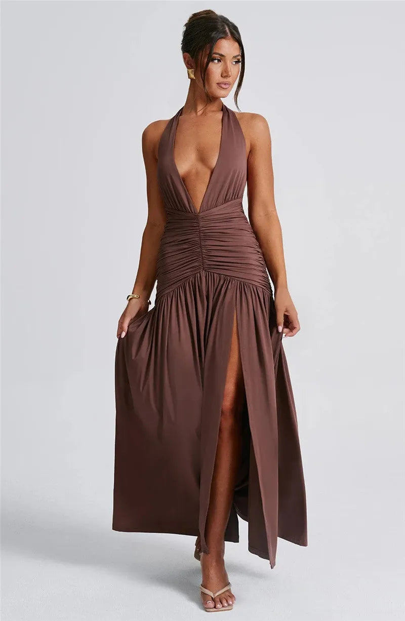 Elegante halter-maxi-jurk met diepe V-hals