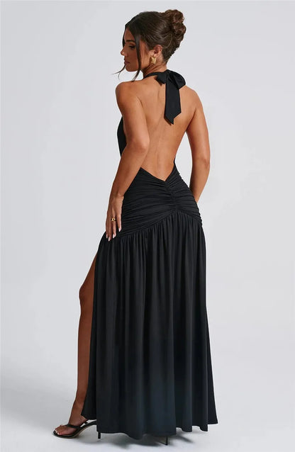 Elegante halter-maxi-jurk met diepe V-hals