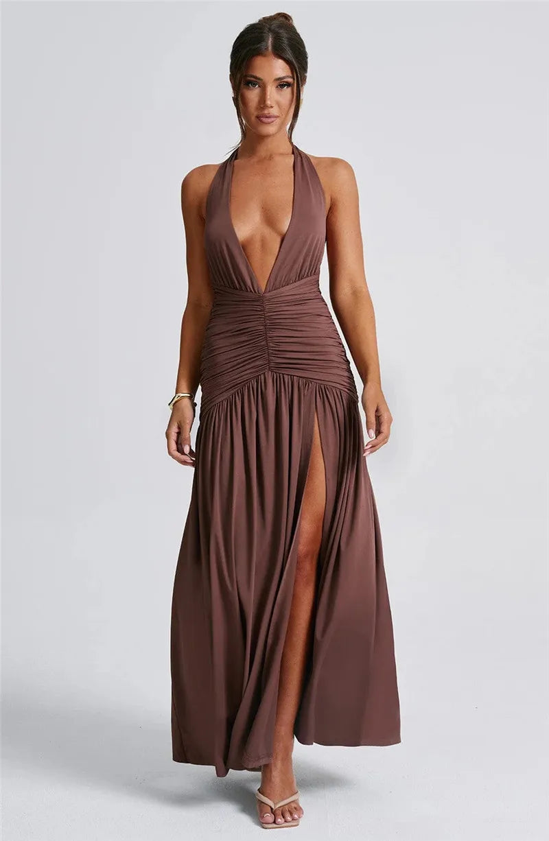 Elegante halter-maxi-jurk met diepe V-hals