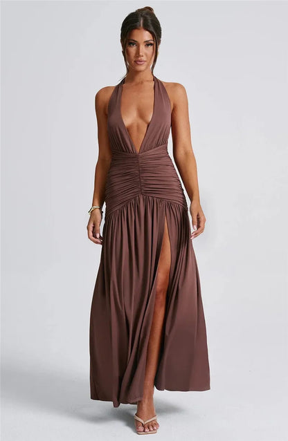 Elegante halter-maxi-jurk met diepe V-hals
