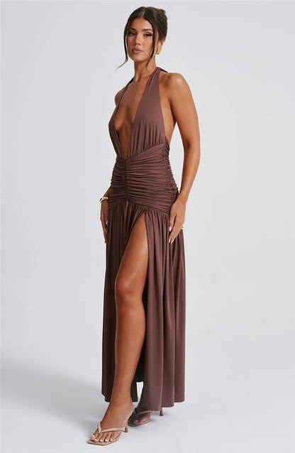 Elegante halter-maxi-jurk met diepe V-hals