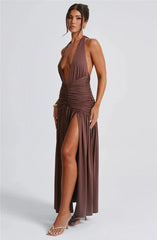 Elegante maxi-jurk met diepe V-hals en halter