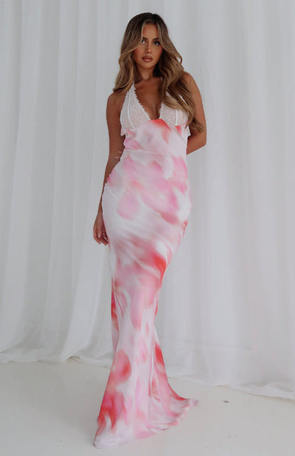 Maxijurk met halternek en bloemenprint