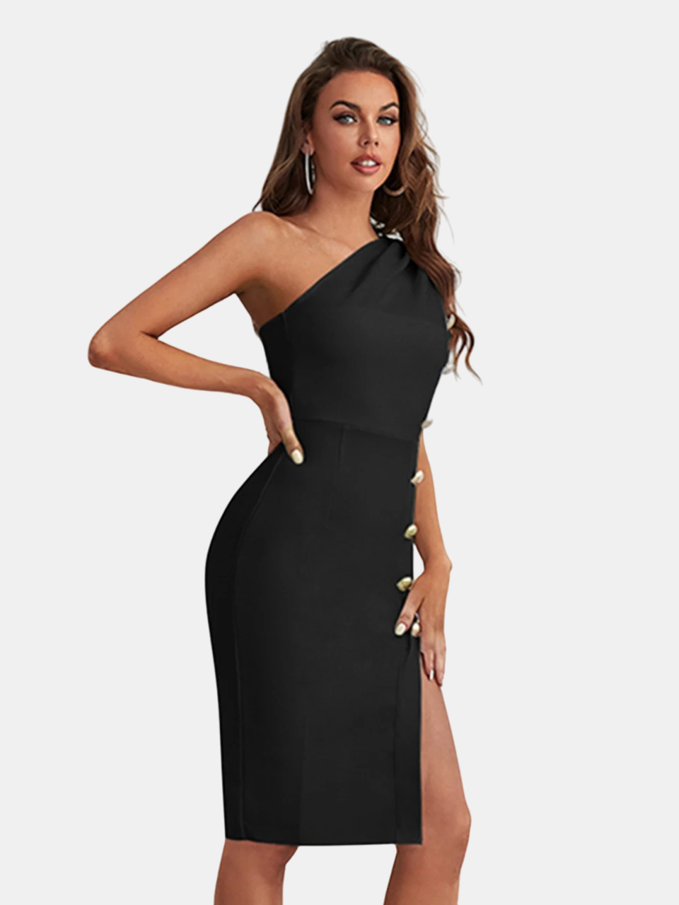 Elegante zwarte midi-jurk met één schouder
