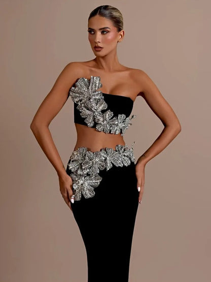 Strapless tweedelige set met diamanten bandage-design
