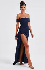 Off-shoulder maxi jurk met hoge split