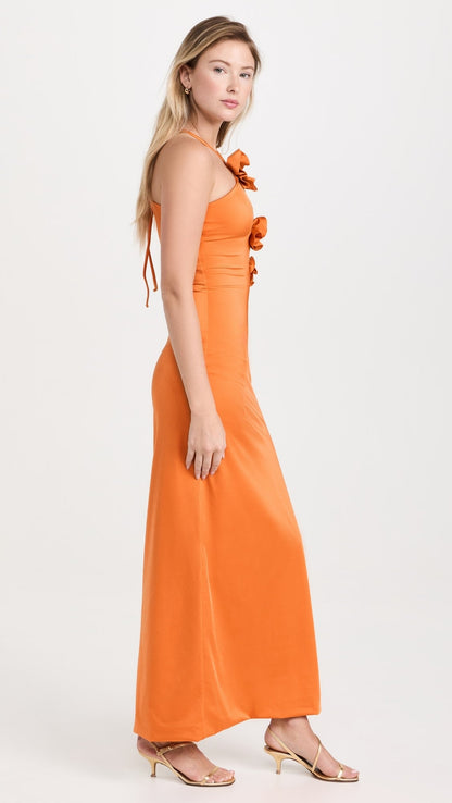 Oranje maxijurk met 3D-bloemen en vetersluiting