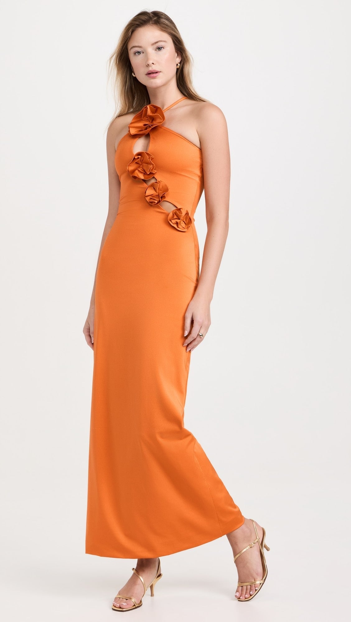 Oranje maxijurk met 3D-bloemen en vetersluiting