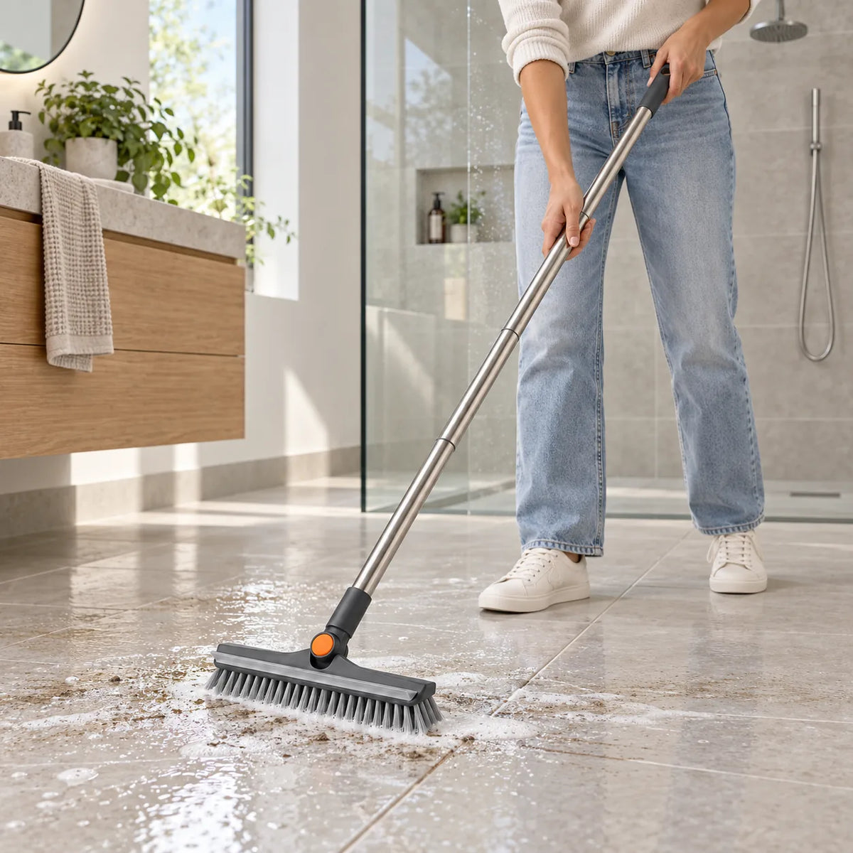 PIMOVO ScrubReach long-handle floor brush scrubbing bathroom tile while standing
