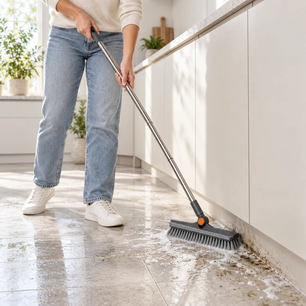 ScrubReach cleaning a compatible hard kitchen floor edge